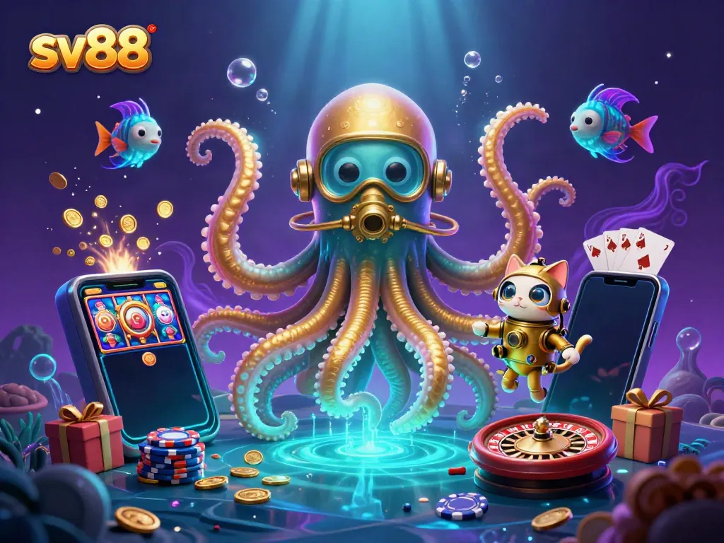 Engage in thrilling games at sv88, with a kraken and cat diving into the world of slots and treasures.