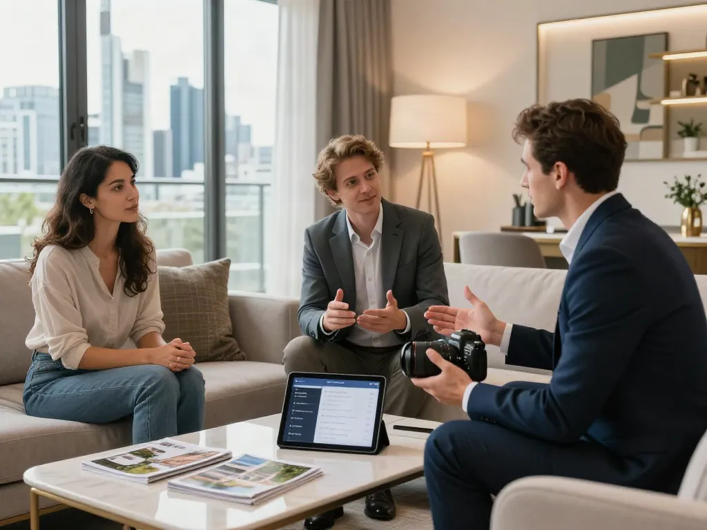 Der beste Immobilienmakler Frankfurt berät Paar im stilvollen Wohnzimmer mit Stadtblick.
