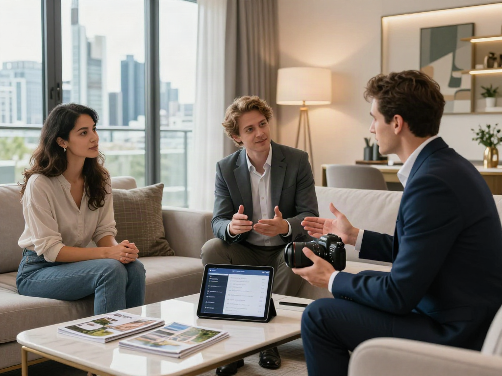 Der beste Immobilienmakler Frankfurt berät Paar im stilvollen Wohnzimmer mit Stadtblick.