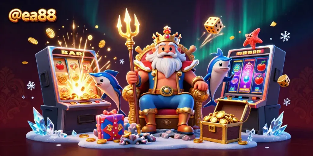 Experience the thrill of @ea88 with an array of jackpot symbols and vibrant casino elements.