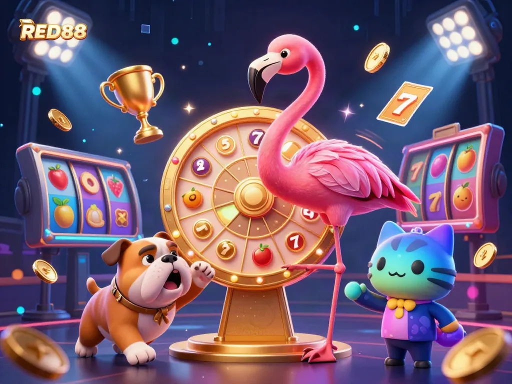 Win big on RED88 with thrilling slots and exciting prizes in a vibrant casino illustration.