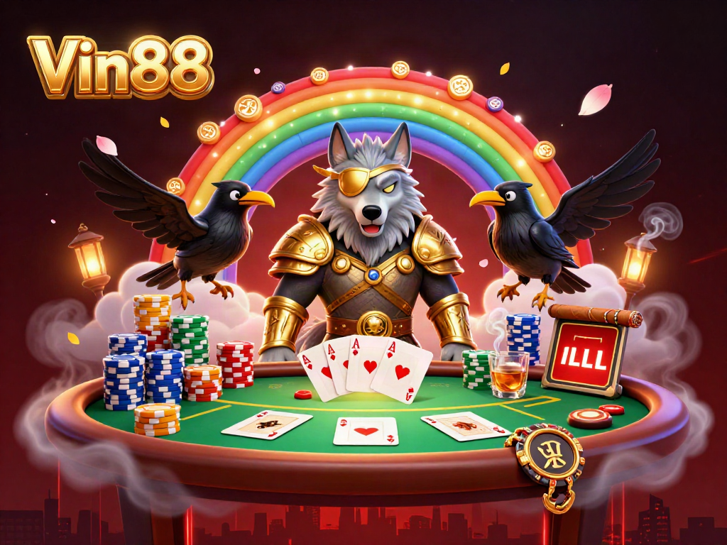Vin88 showcases a dramatic 3D illustration of Odin with ravens, surrounded by vibrant poker elements.