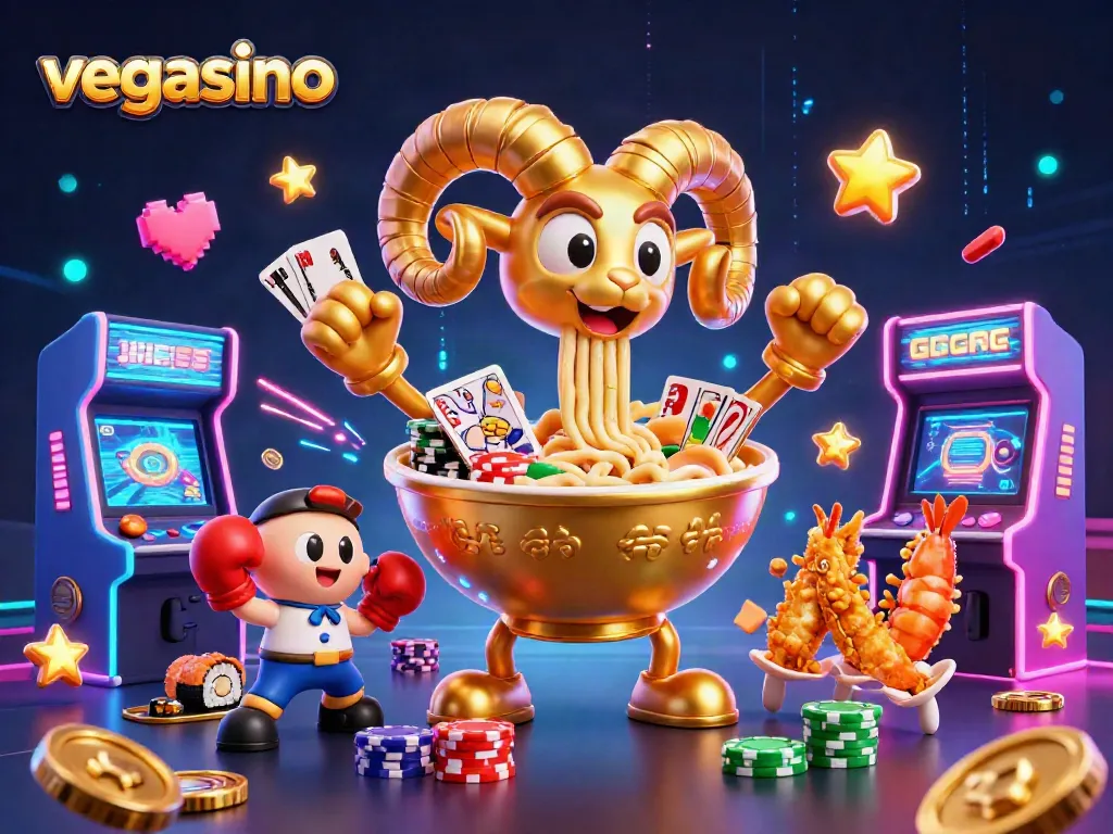Experience vegasino's dynamic casino action with a lively ramen bowl dealer and vibrant game elements.