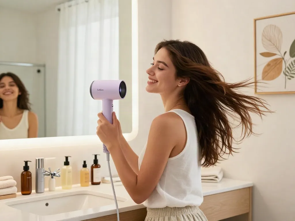 Laifen Air Pro Haartrockner in stilvollem Badezimmer mit Benutzerin beim Frisieren