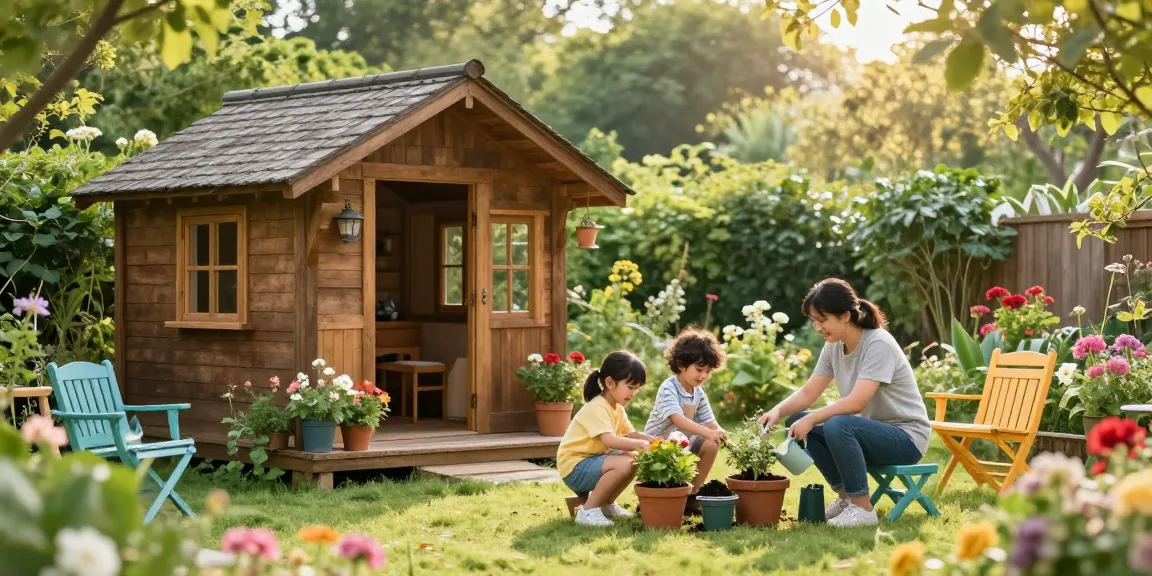Ein Garten Haus, umgeben von bunten Blumen, mit einer Familie, die gemeinsam im Garten arbeitet.