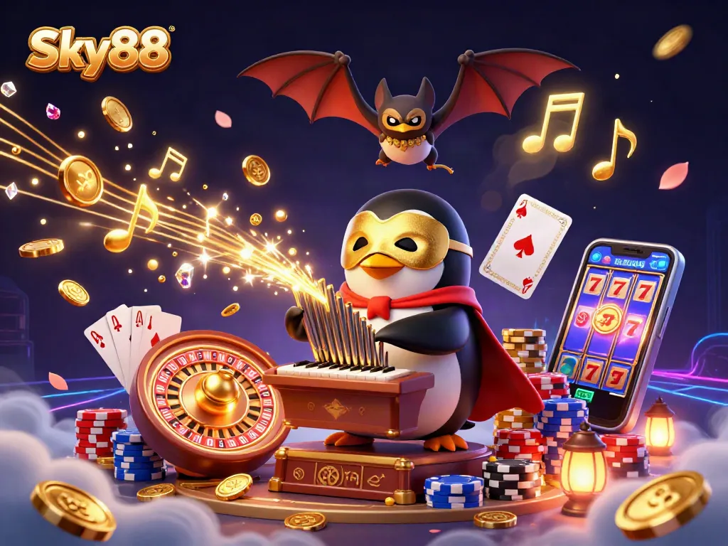 Experience thrilling gameplay at Sky88 with a vibrant scene full of golden coins and animated characters.