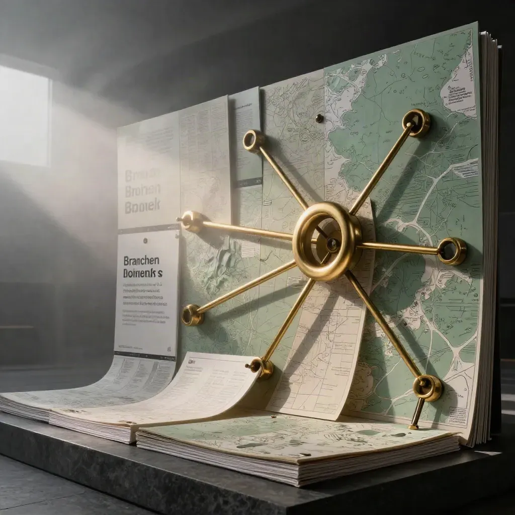 Monumentale Netzwerk-Installation aus Ordnern, Metallringen und Kartentopografie im Morgennebel