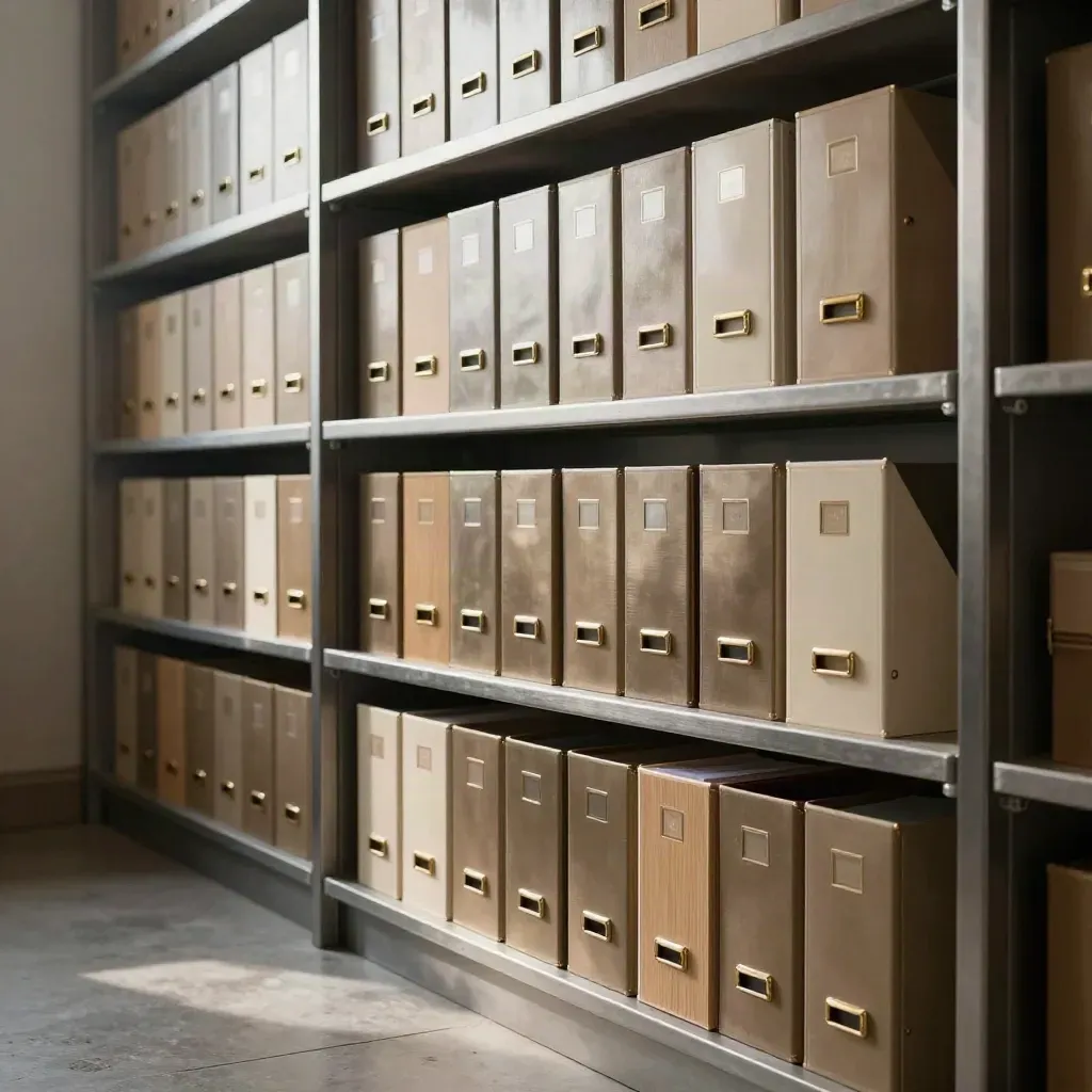 Archivnische mit Branchenordnern, Registerlaschen und geordneten Ablageboxen im warmen Seitenlicht