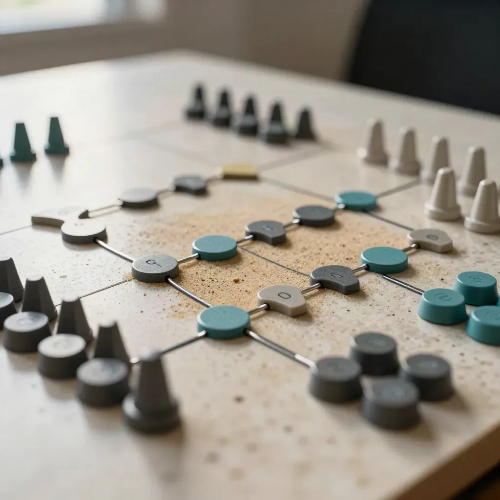 Matte Matching-Board mit Regionstokens und Metallverbindern auf Travertin, leicht in Bewegung.