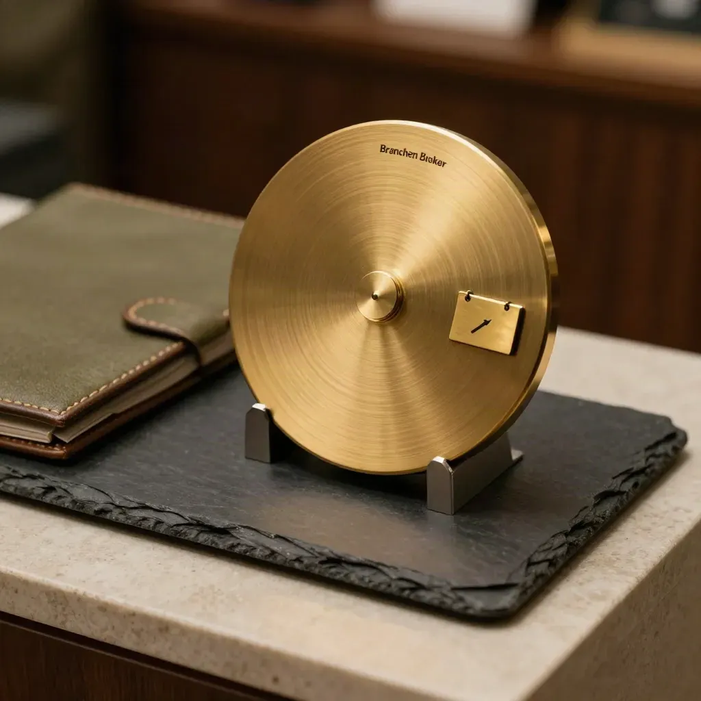 Analoges Buchungsobjekt mit Messingring, Mappe und Slate-Standmodul im dunklen Raum.