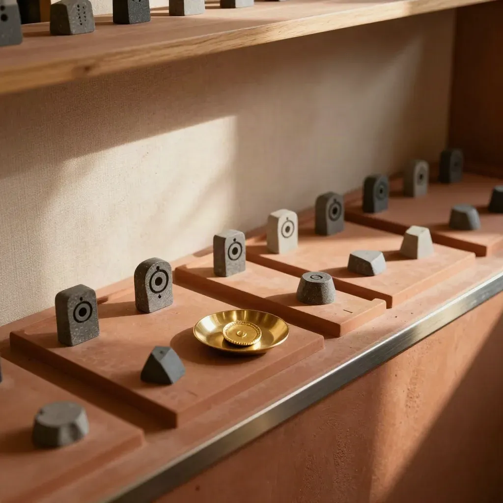 Drei Sortierschalen mit goldener Auswahlmarke in warmer Brokerage-Ecke.