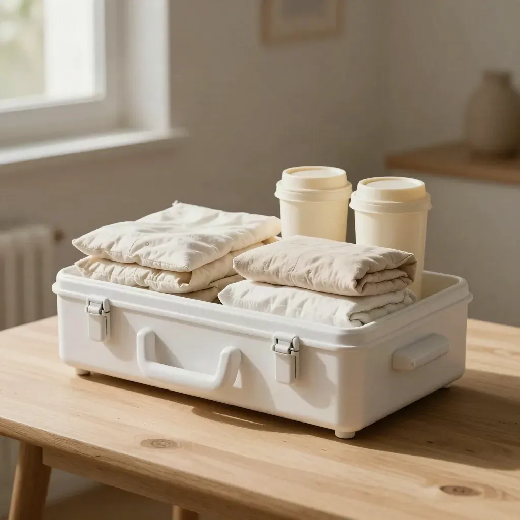 Weiße Pflege-Logistik mit Koffer, Textilien und Hygiene-Behältern auf hellem Holz.