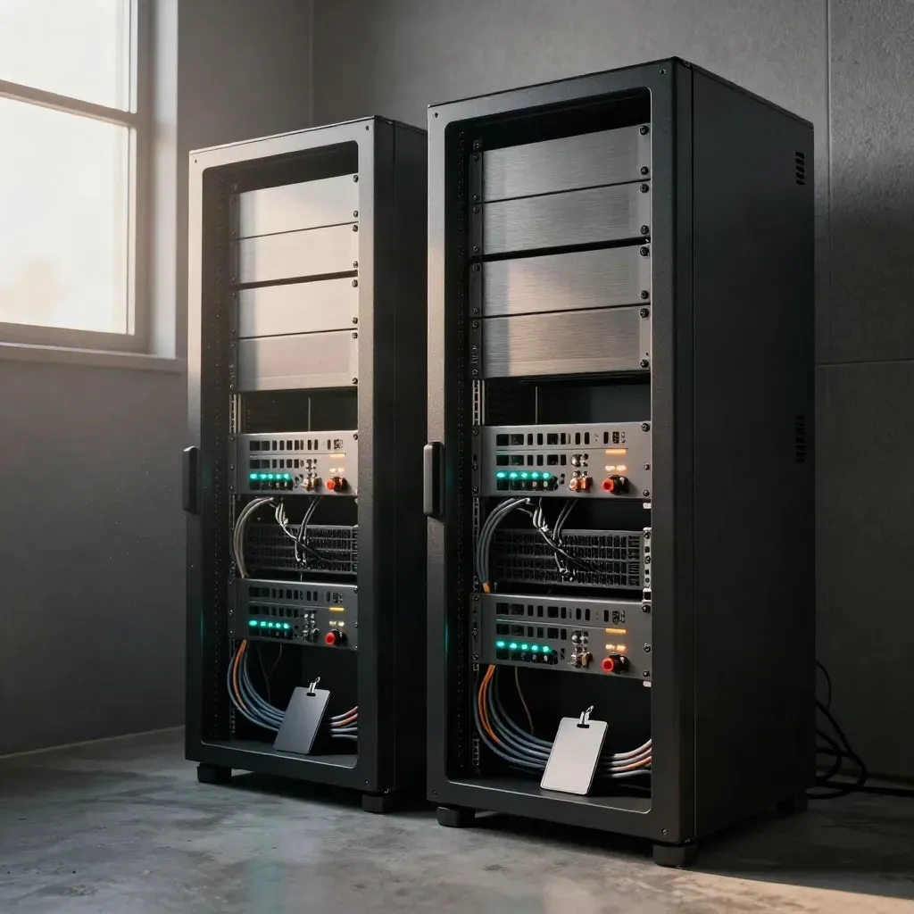 Zwei Servertürme mit Kabeln und Karten in einem kühlen IT-Raum im warmen Seitenlicht.