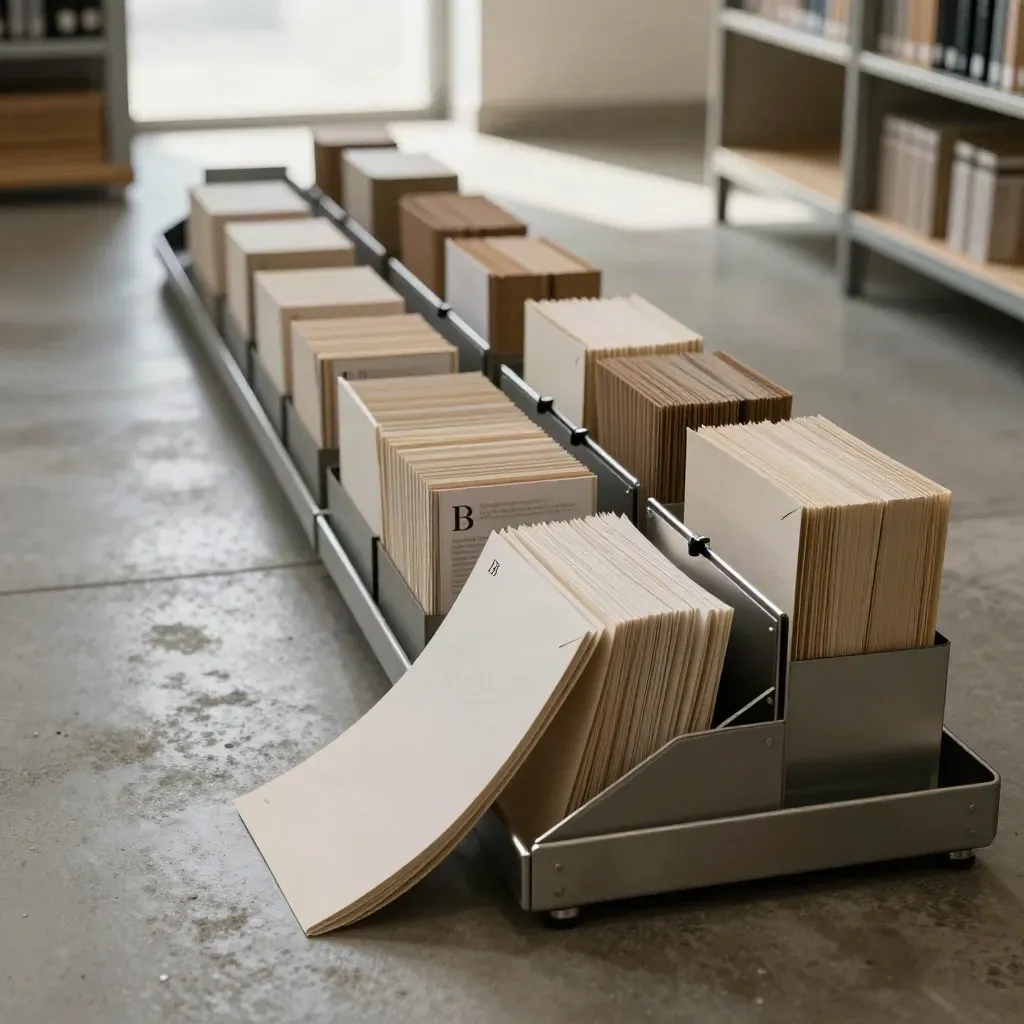 Neutrale Dossiers und Metallclips formen eine Lead-Pipeline im ruhigen B2B-Archiv.