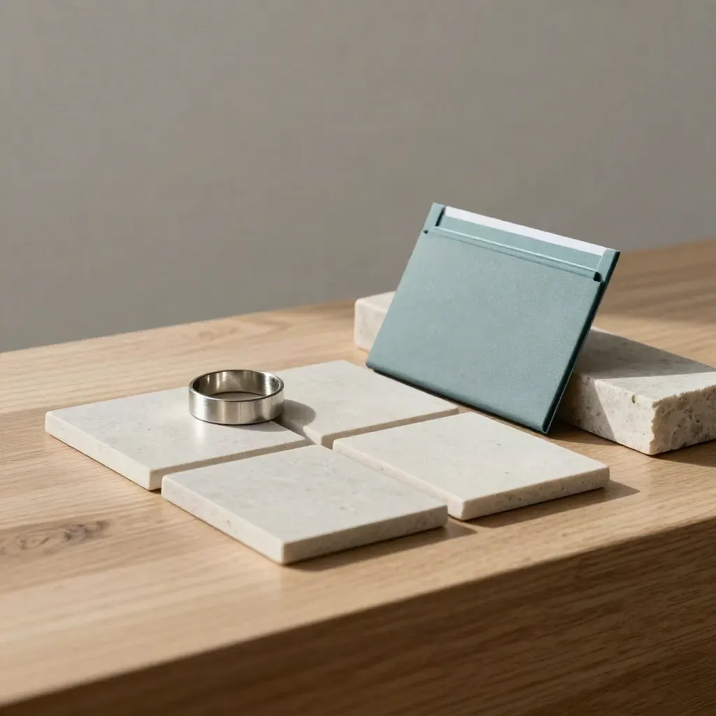 Bedarfskit mit Regions-Tiles, Metallring, Kartenhülle und Steinblock auf hellem Holz.