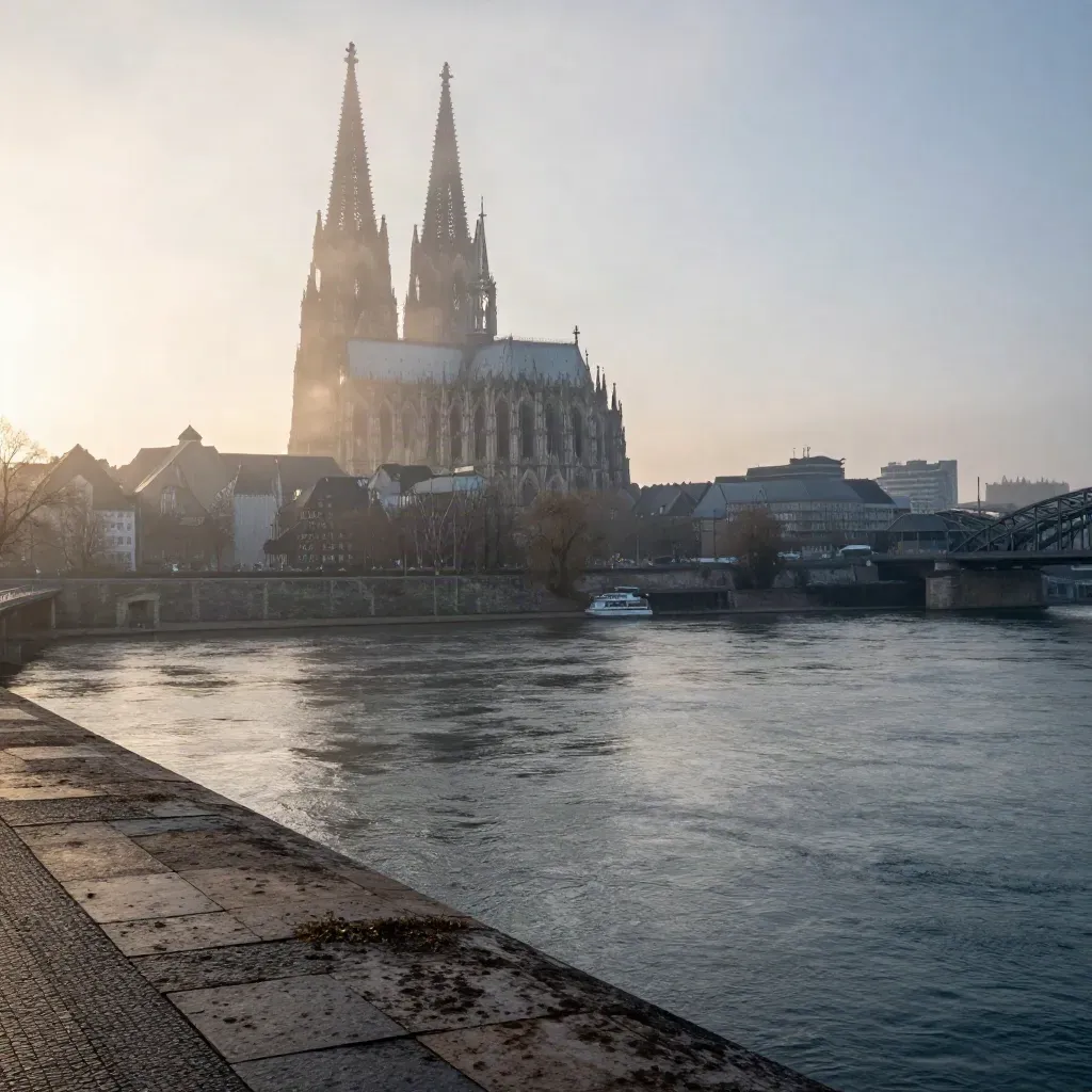 Kölner Dom über dem Rhein im Morgennebel, mit ruhiger Uferzone und viel Freiraum unten.
