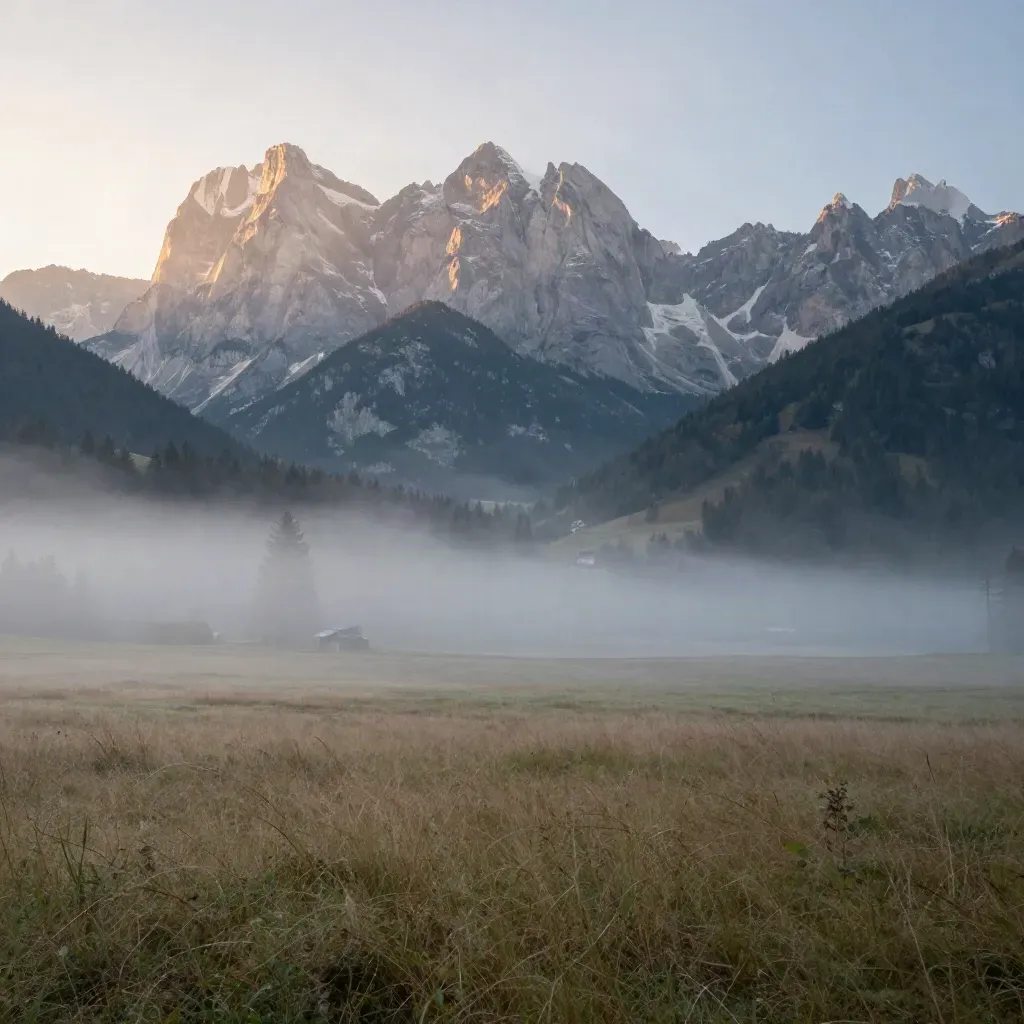 Bayerische Alpen im Morgennebel mit ruhiger Wiese und goldenen Gipfeln