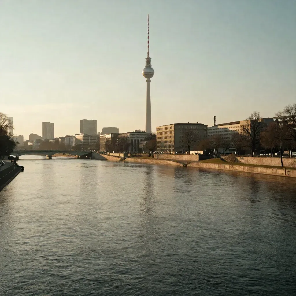 Fernsehturm über der Spree im goldenen Abendlicht, ruhige Skyline und weite Wasserfläche
