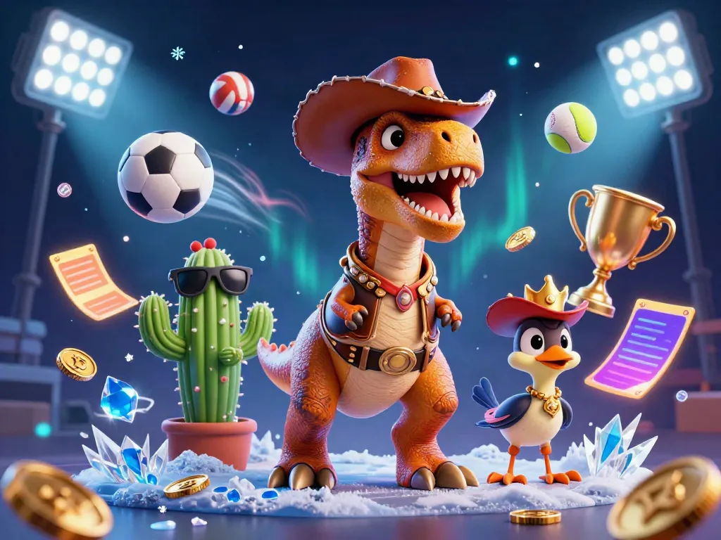 Experience the excitement of debet with a vibrant scene of a T-Rex cowboy surrounded by sports betting elements.