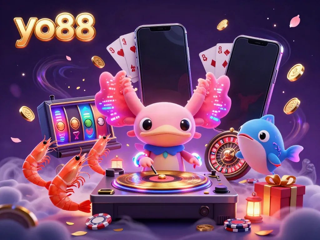 Engage with exciting games at yo88 featuring neon DJ axolotl and vibrant 3D casino elements.