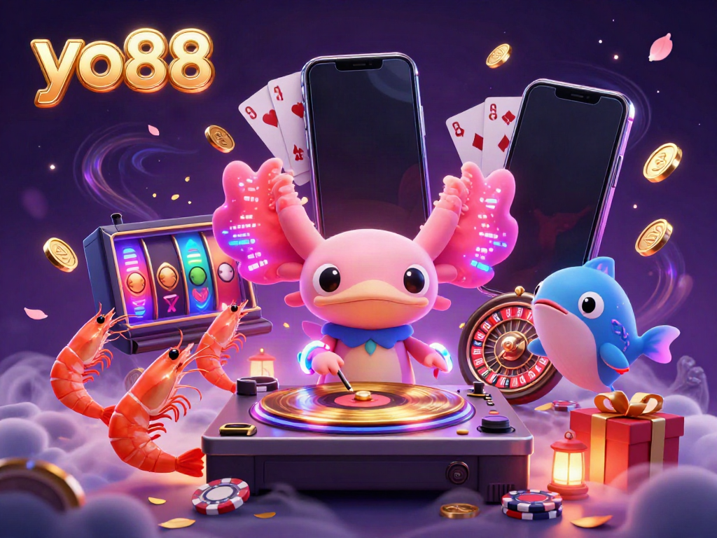 Engage with exciting games at yo88 featuring neon DJ axolotl and vibrant 3D casino elements.