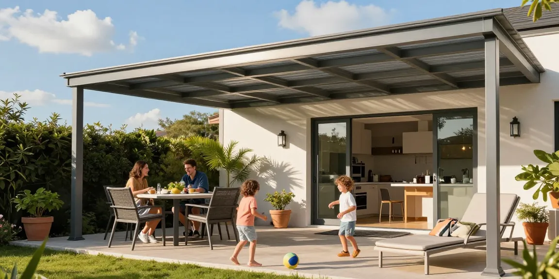 Familie entspannt unter einer modernen Terrassenüberdachung im Garten.