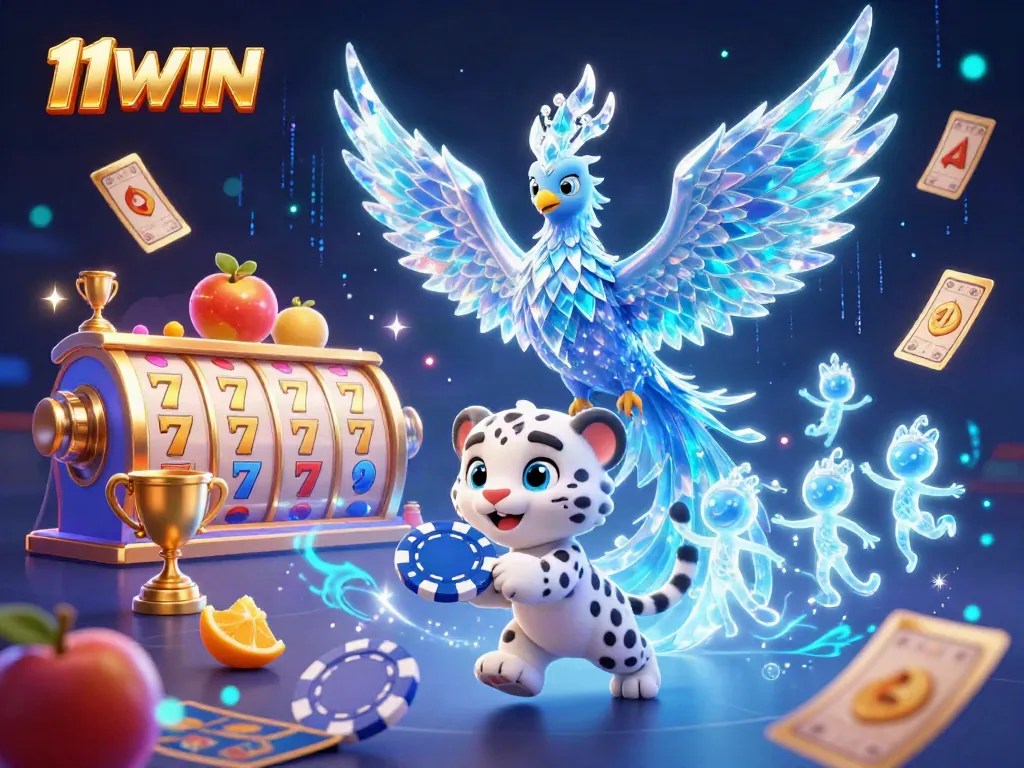 Engage in thrilling experiences at 11WIN with a vibrant 3D illustration featuring a phoenix and playful elements of the casino world.