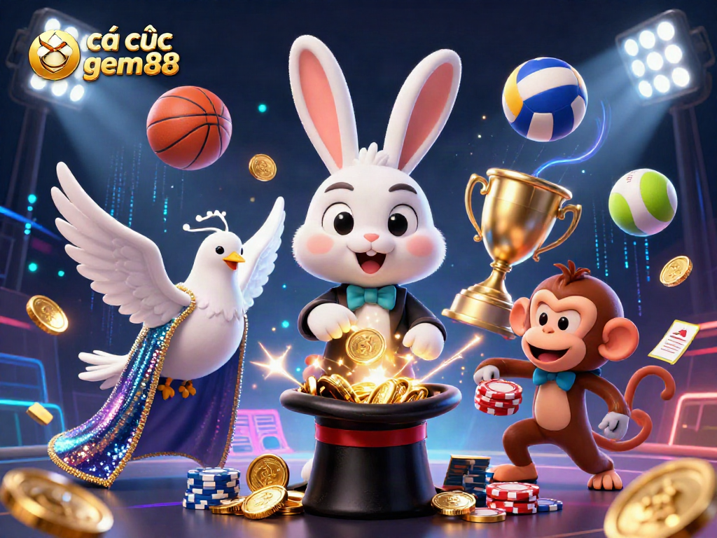 Experience cá cược gem88 with golden coins, sports balls, and carnival-like characters in this vibrant casino illustration.