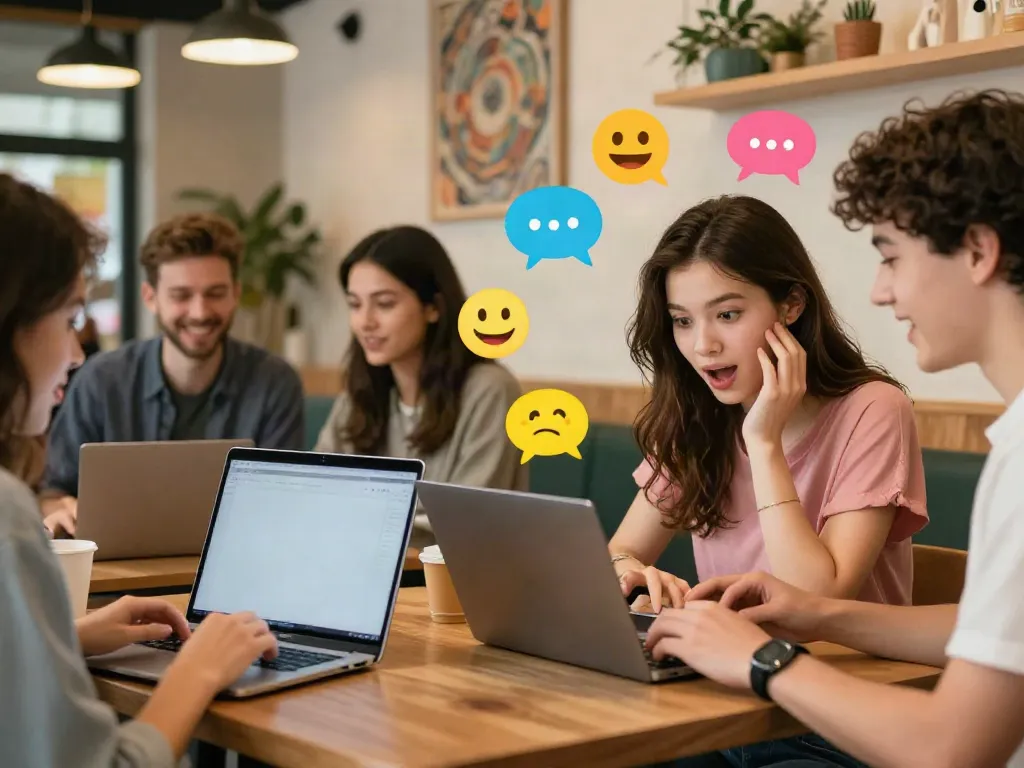 Vibrant scene of friends engaged in spicy AI chat, showcasing lively conversations with colorful chat bubbles in a cozy coffee shop.
