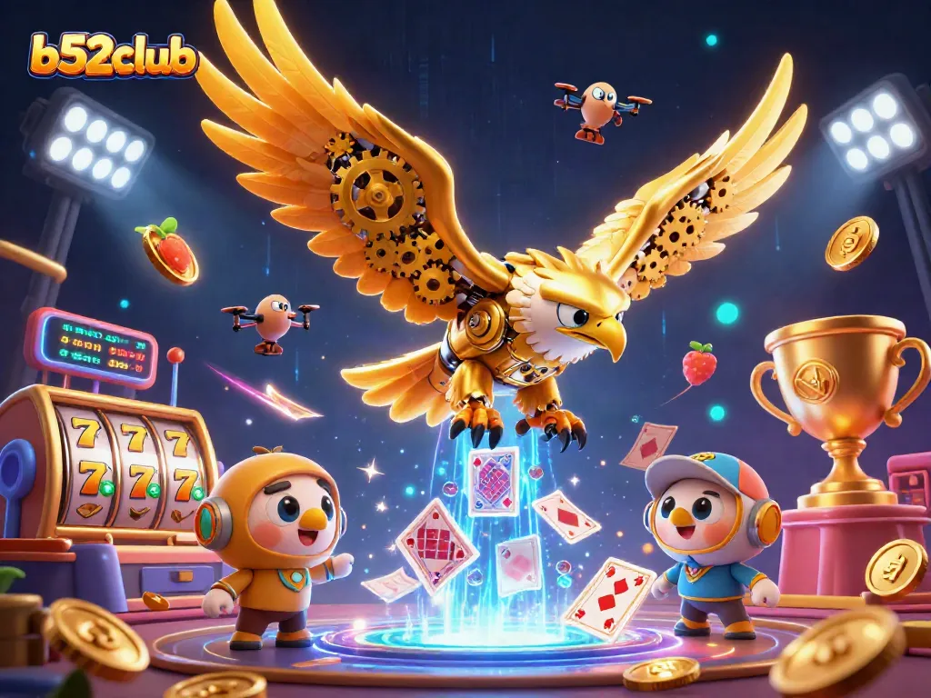 Bet big with b52club in this vibrant casino-themed 3D illustration featuring lucky symbols.