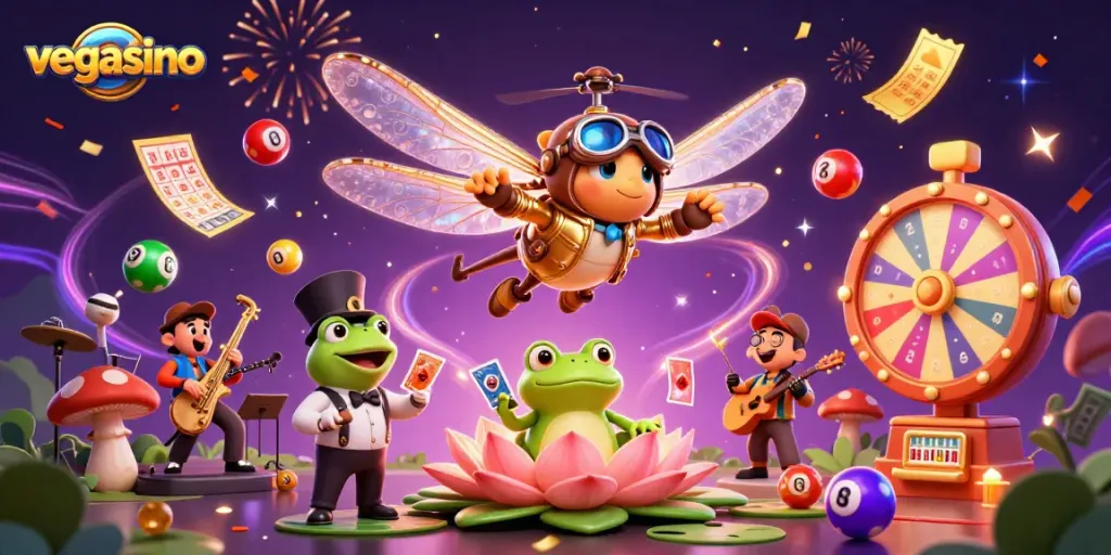 Vegasino casino illustration featuring a dragonfly pilot, frog dealer, and jazz musicians with vibrant game elements.