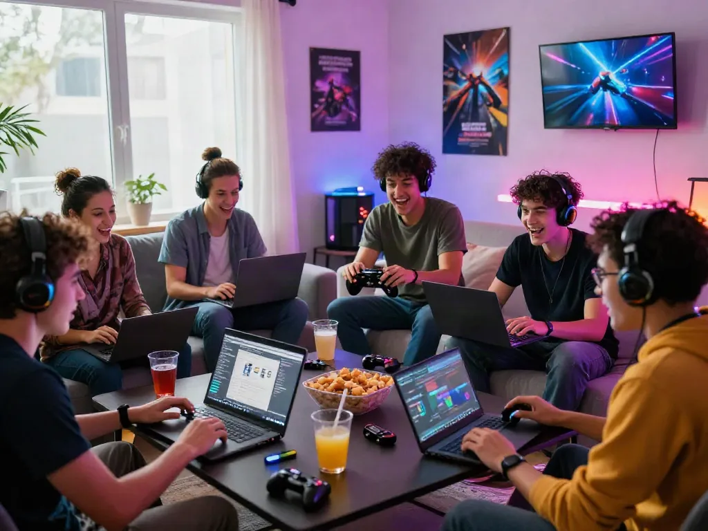 Friends enjoying gaming together in a vibrant living room on 1da88.it.com