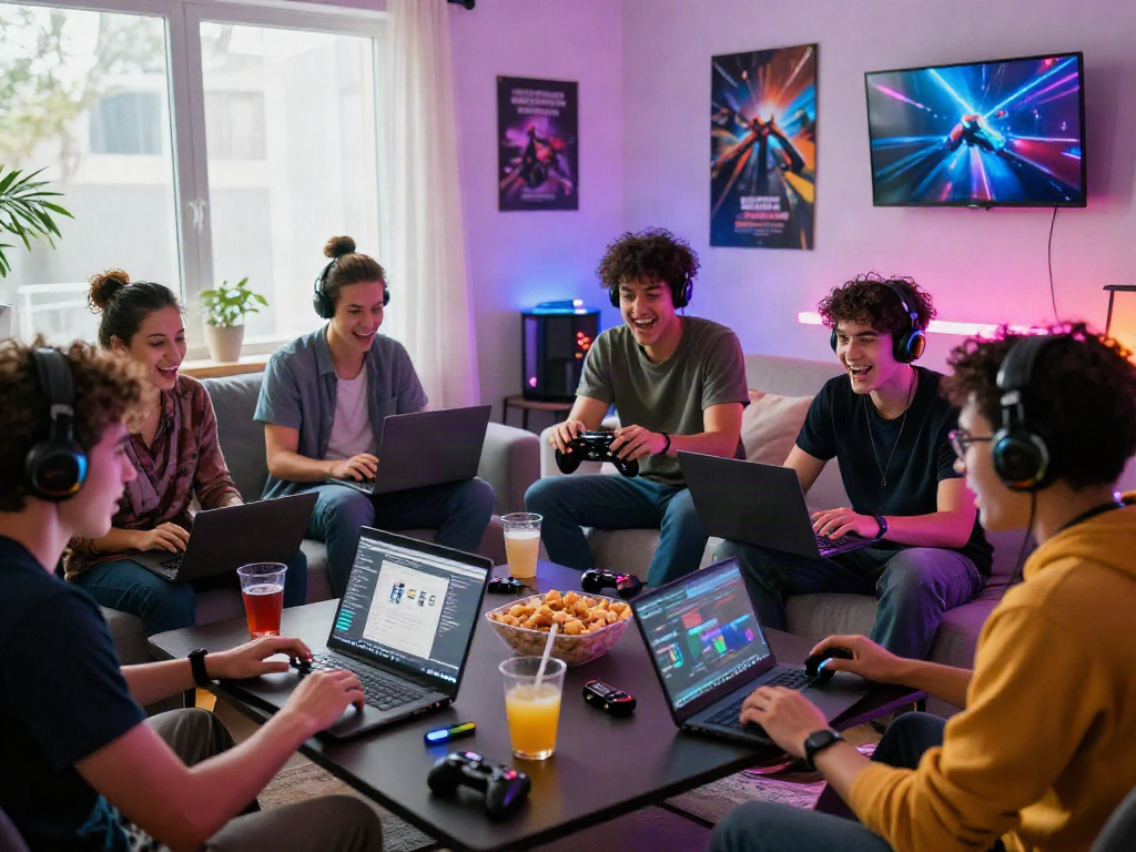 Friends enjoying gaming together in a vibrant living room on 1da88.it.com
