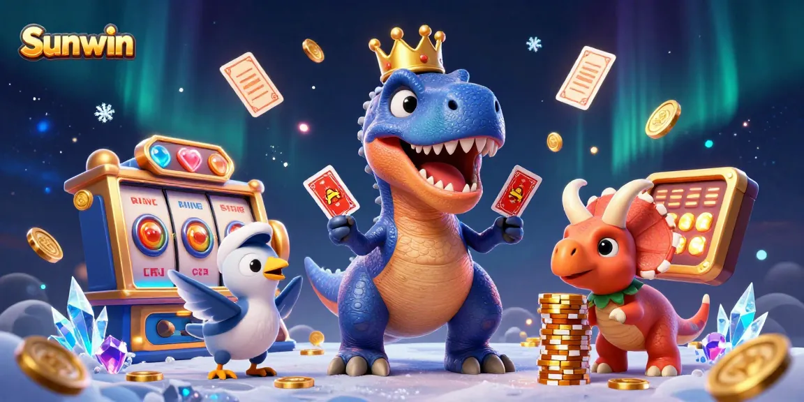 Sunwin showcases a vibrant casino scene with characters like a T-Rex shuffling cards and a baby triceratops stacking chips in a rich 3D environment.